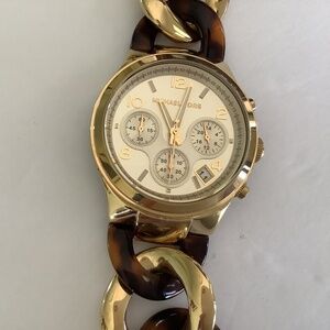 Michael Kors Gold and Tortoiseshell Chain-Link Chronograph Watch